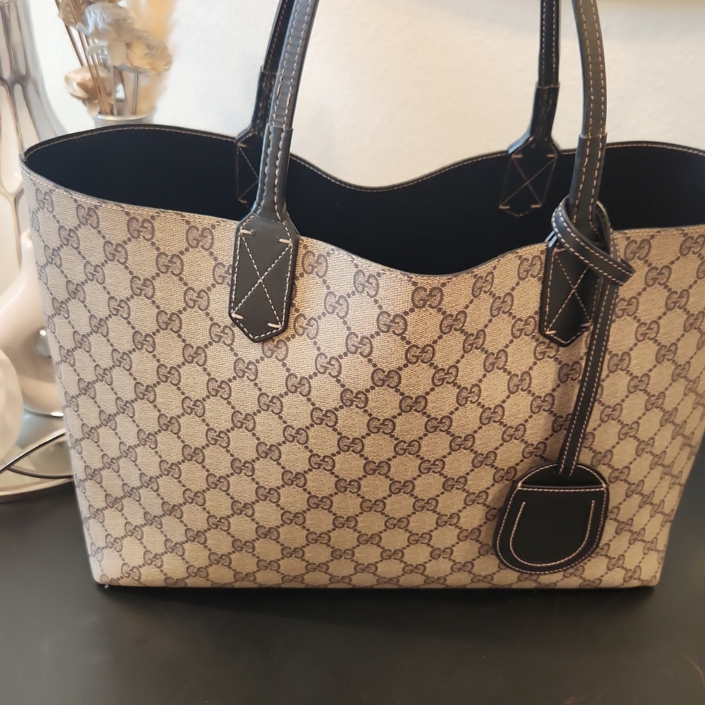 Designer Reversable Beige GG Monogram Tote Bag with Black Trim